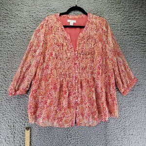 Coldwater Creek Top Women’s 2X Coral Pink Floral Button-Front 3/4 Sleeve Blouse